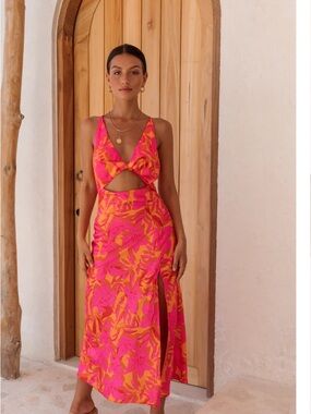 Fortunateone Hot Pink & Orange Floral Cutout Maxi Dress